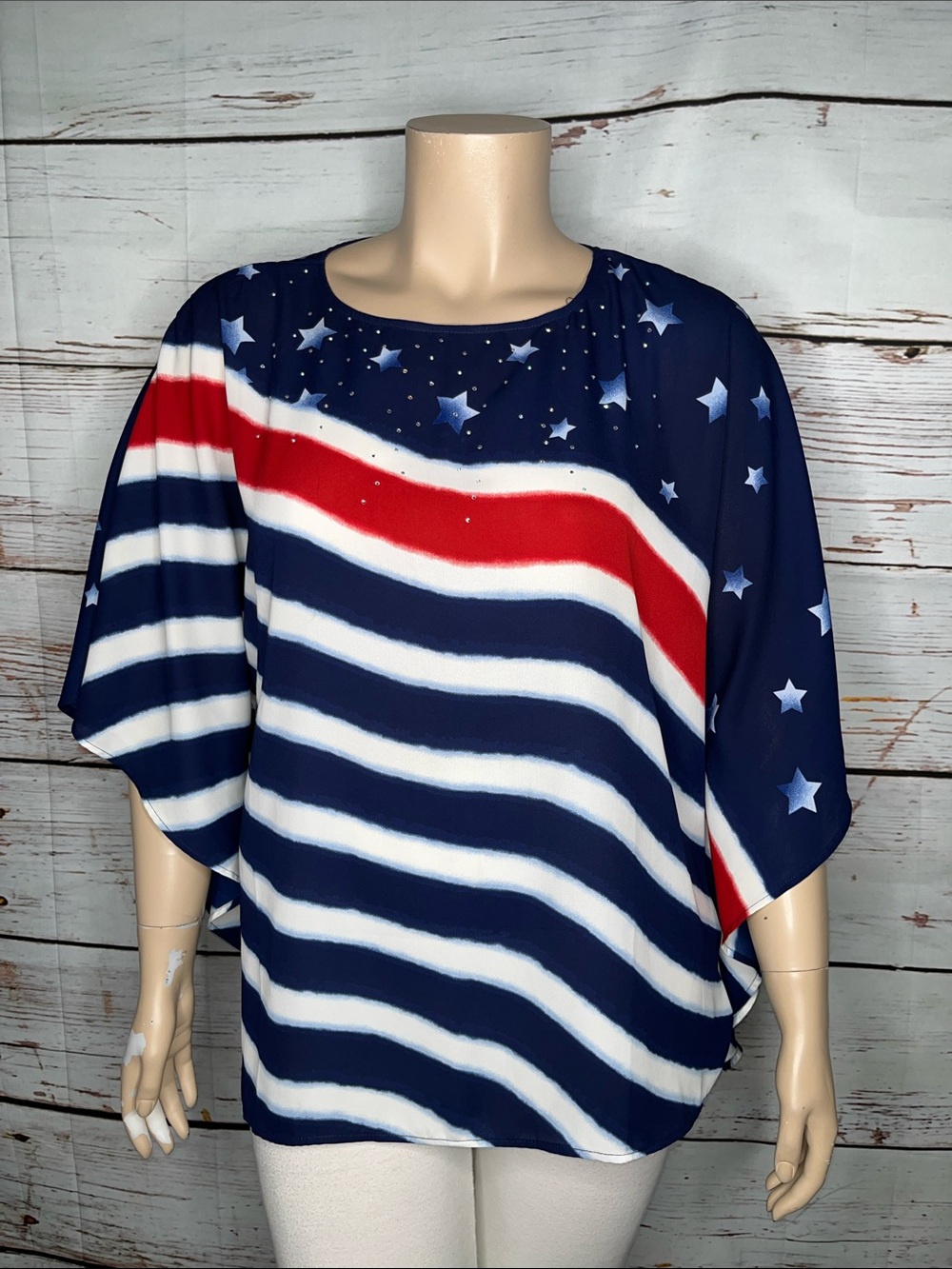 Quacker Factory XL Star & Stripe American Flag Kimono Poncho Caftan Blouse Top